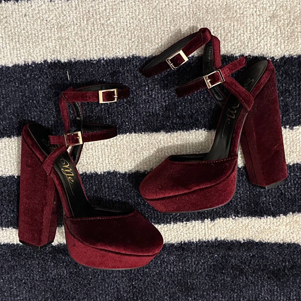 Burgundy velour high heel platforms